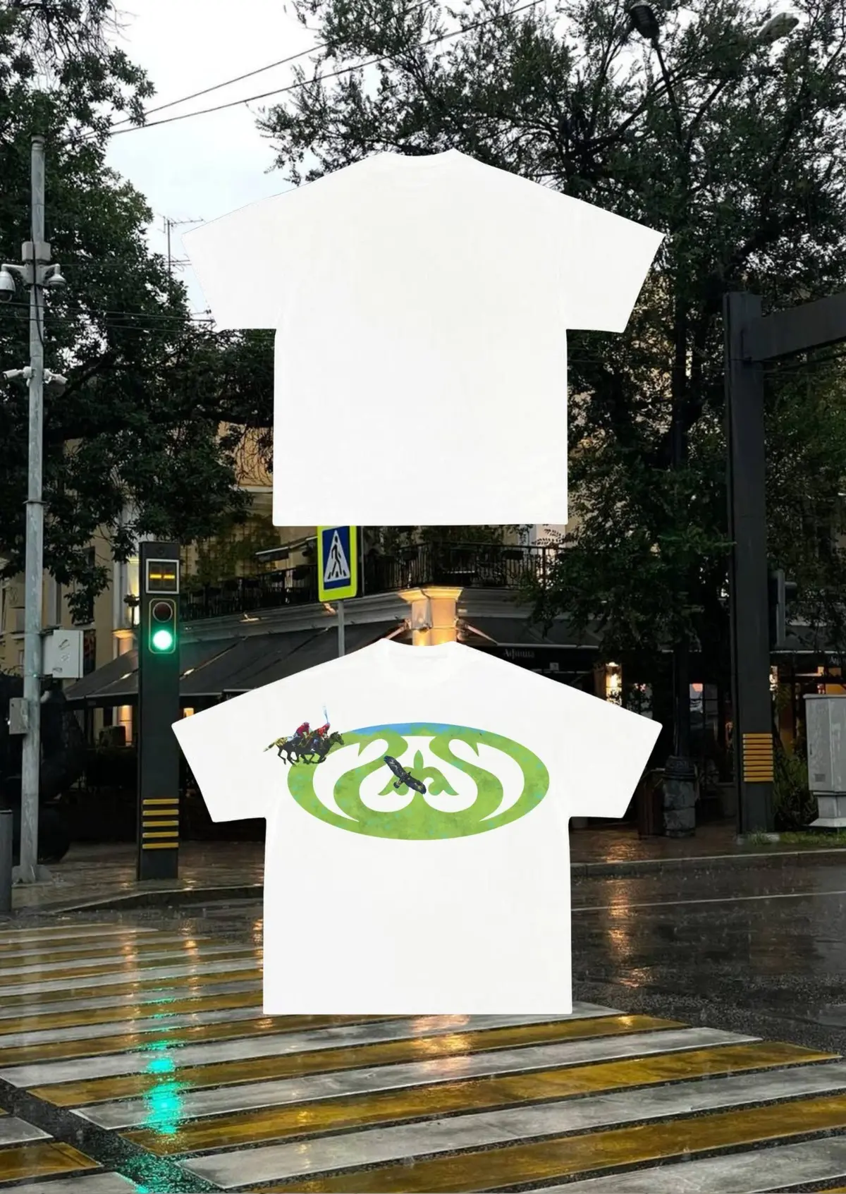 Green Steppe Logo T-shirt artwork on an Almaty street